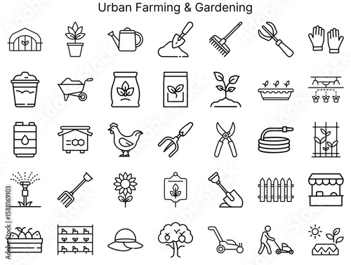 Garden tools and accessories for the concept of "Urban farming and gardening" Set of icons