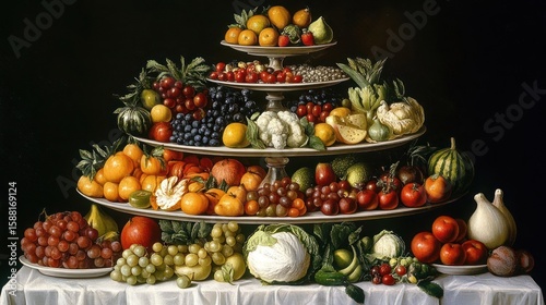 Opulent Still Life: A Multi-Tiered Arrangement of Fresh Fruits and Vegetables in a Dark, Moody Setting reminiscent of Classic Dutch Paintings