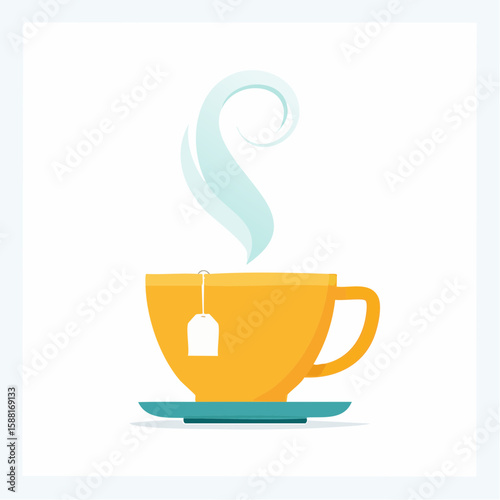 Minimalist flat vector of a teacup with a teabag string hanging over the side and delicate steam curls above
