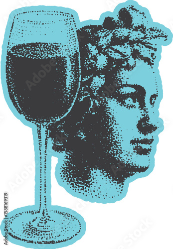 Wine glass and classical statue head in blue halftone style. Iconic Italian symbol vector illustration with vintage inspiration.