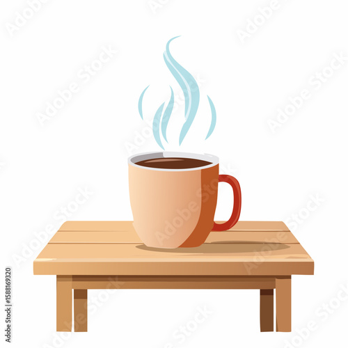 Flat vector illustration of a steaming coffee mug on a wooden table with soft steam rising, cozy morning scene