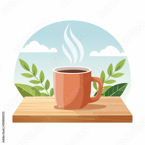Flat vector illustration of a steaming coffee mug on a wooden table with soft steam rising, cozy morning scene