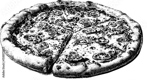 Traditional Italian pizza with cheese and tomato on a crust. Vintage engraving in black and white style, vector illustration.