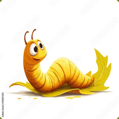 Vector illustration of a cute yellow worm on a yellow autumn leaf, vector illustration in warm fall tones, isolated on white background. Ideal for children’s books, stickers, and seasonal decor