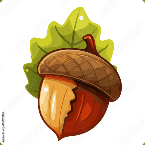 Vector illustration of a cracked acorn in warm autumn colors, stylized cartoon vector illustration, isolated on white background. Perfect for seasonal decor, kids designs, and fall-themed projects