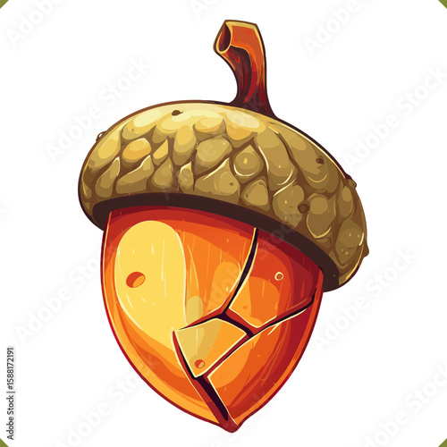 Vector illustration of a cracked acorn in warm autumn colors, stylized cartoon vector illustration, isolated on white background. Perfect for seasonal decor, kids designs, and fall-themed projects