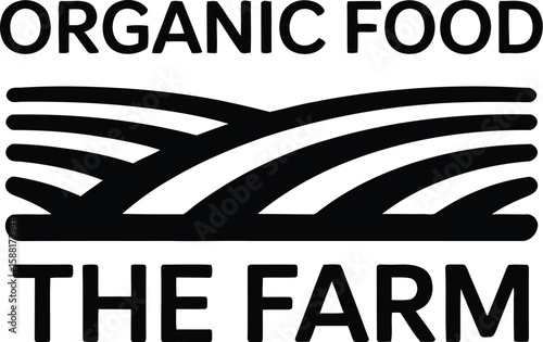 A logo featuring the words organic food and the farm above a stylized field design