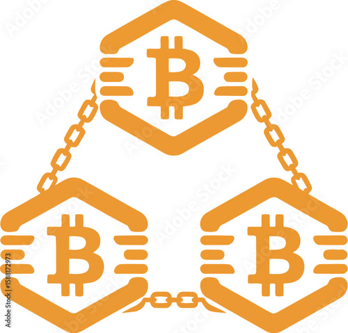 Three orange bitcoin symbols in hexagons connected by chains on light background