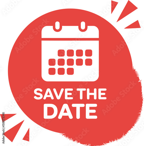 A red round badge with a calendar icon and the text save the date on white background