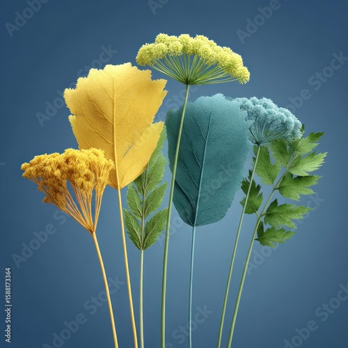 Arrangement of yellow blue and green leaves with delicate floral blooms against a blue background