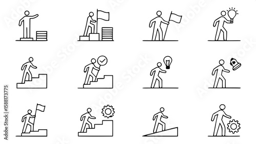 A grid of twenty-five line-art icons illustrating essential leadership and team development concepts. The icons include stylized figures climbing stairs, guiding others, standing on podiums, giving pr