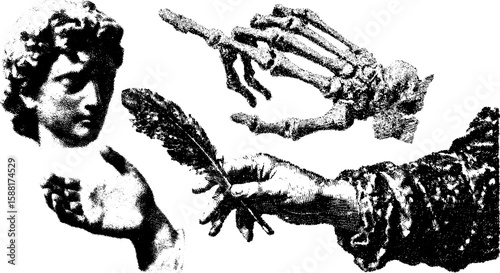 Set of expressive hands, skeleton, quill, and bust in classical engraving style. Vintage black and white vector illustration with detailed textures.