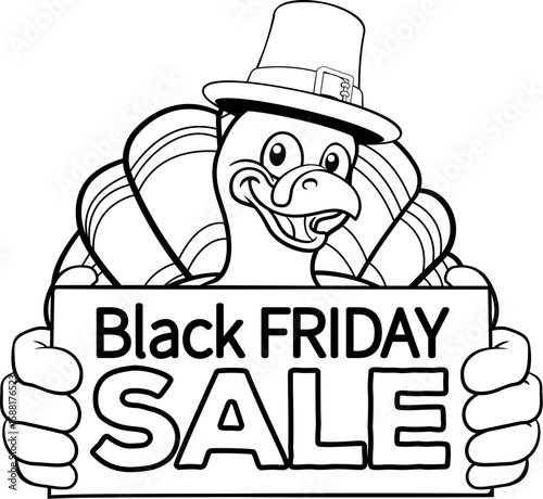A turkey pilgrim hat Thanksgiving cartoon bird Christmas mascot holding a black Friday Sale promotional sign board
