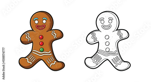 The Gingerbread Man Coloring Page with Colored and Outline Character Printable Art