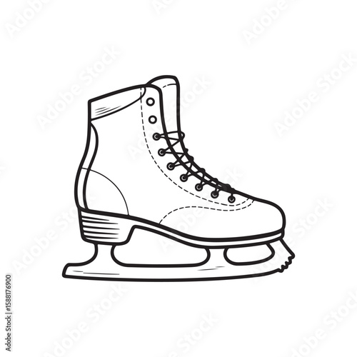 Black outline sketch of a classic ice skate with laces and blade detail. Hand drawn vector illustration