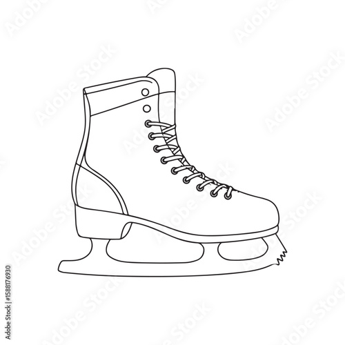 Black outline sketch of a classic ice skate with laces and blade detail. Hand drawn vector illustration