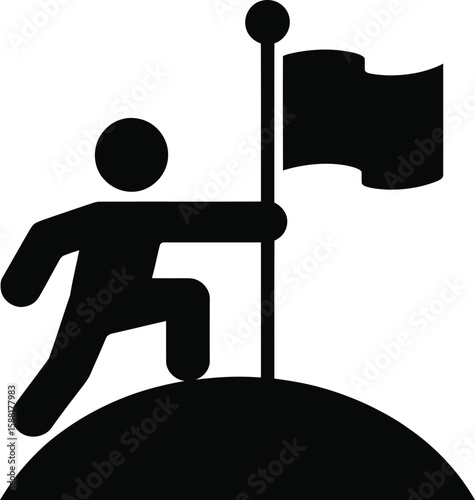 A black silhouette of a person planting a flag on top of a hill outline icon