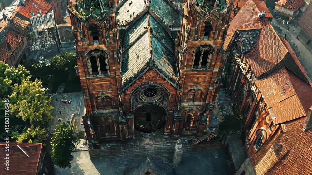 Aerial view of Church of Our Lady before Tyn tower showcasing its stunning architecture and surrounding scenery, Aerial view of Church of Our Lady before Tyn towers
