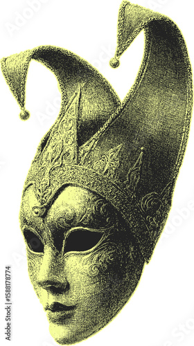 Venetian carnival mask with a jester hat in ornate vintage engraving style. Classic costume vector illustration with decorative details.