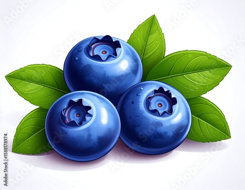 Three blueberries with leaves. Realistic digital illustration of fresh, juicy blueberries resting on vibrant green leaves