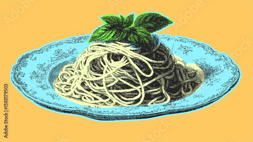 Plate of pasta with basil on an ornate plate in vintage engraving style. Traditional Italian food vector illustration.