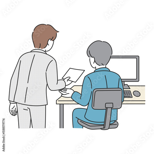 デスクで書類を受け取るビジネスマンのイラスト（後ろ姿）