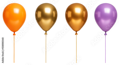 A vibrant display of colorful balloons in orange, gold, and purple, perfect for festive celebrations and events