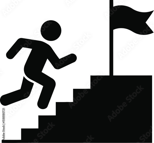A black silhouette of a person running up stairs towards a flag on a white background