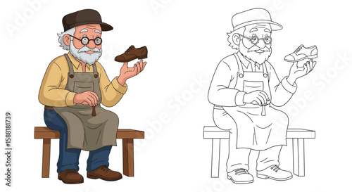 The Shoemaker Character Coloring Page with Colored and Outline Printable Versions