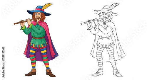 The Pied Piper Coloring Page with Colored and Outline Versions for Art Fun