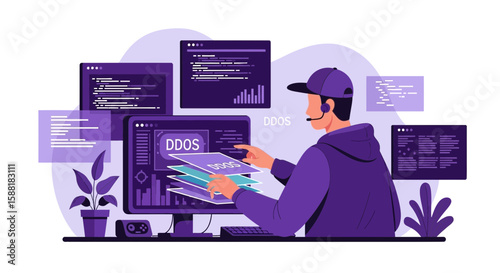 Cybersecurity Expert Monitors Ddos Attack On Multiple Screens In A Network Center
