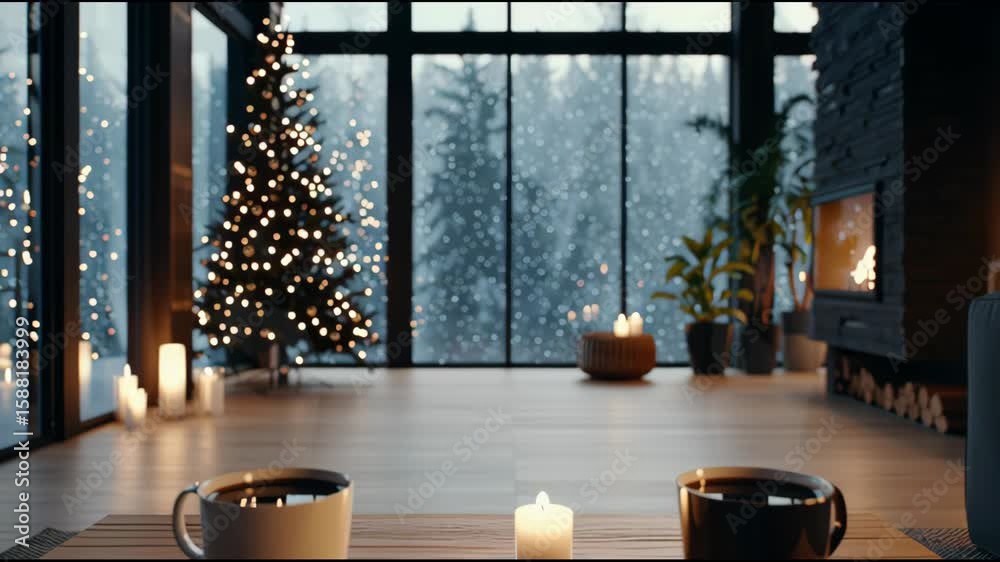 Cozy Scandinavian Christmas Living Room – Modern Tree, Falling Snow, Flickering Candles, Warm Holiday Atmosphere, Christmas Holiday Background