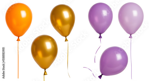 Colorful assortment of orange, gold, and purple balloons tied with ribbons, set against a plain background, ideal for celebrations