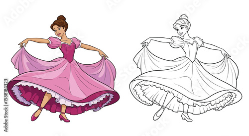 Ballerina’s Graceful Dance: A ballet dancer, clad in a vibrant pink dress, twirls with elegance and poise in a classic illustration, celebrating the artistry of movement.