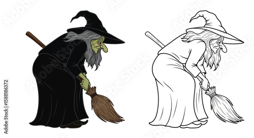 Witch with Broom:  A whimsical illustration featuring a witch with a long robe and pointed hat, sweeping with a broom.  Two versions are shown, one in color and one in black and white.