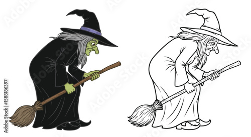 The Witch in the Woods Coloring Page with Colored and Outline Versions for Art Fun