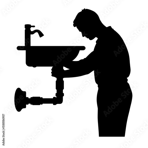 Silhouette of plumber fixing sink under counter – Leak control, plumbing repair