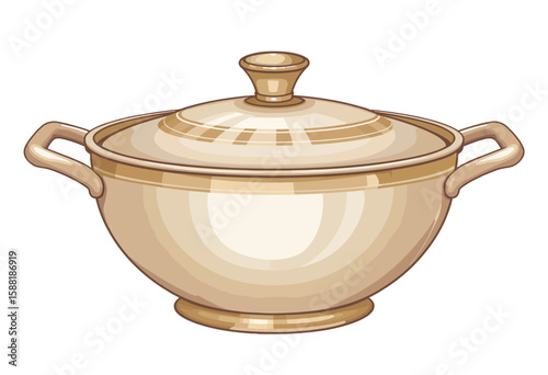 Round ceramic cooking pot with lid in beige color  