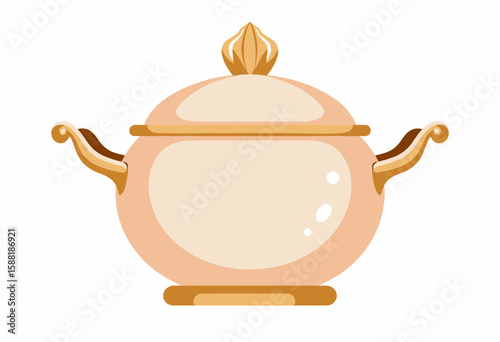 Decorative porcelain soup terrine with golden accents  