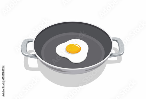 Fried egg in a silver frying pan on a white background  