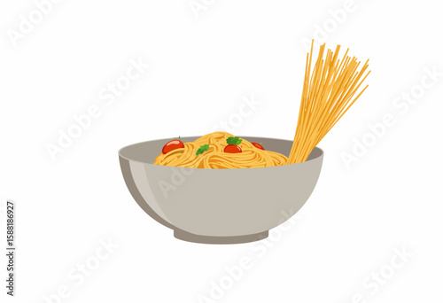 Bowl of spaghetti with meatballs and vegetables on white background  