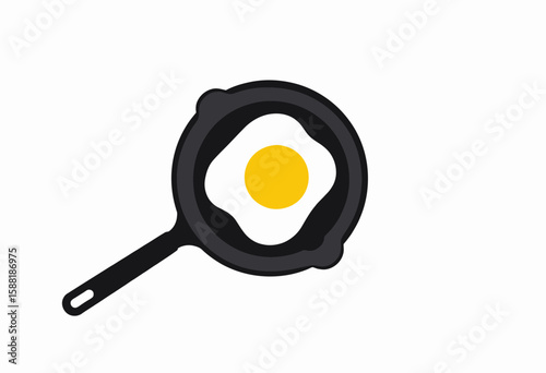 Egg frying in a black skillet on a white background  