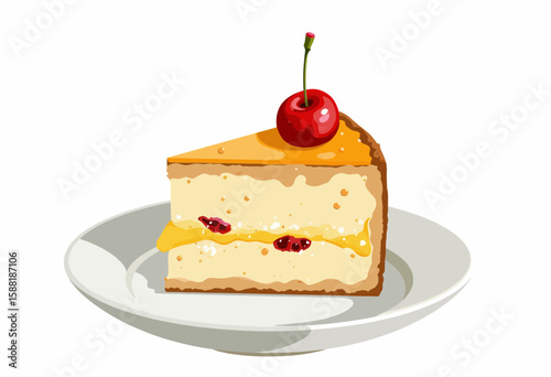 Slice of cheesecake with cherry on white plate  