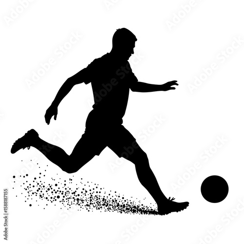 Silhouette of soccer player kicking ball – dynamic sports motion, black and white