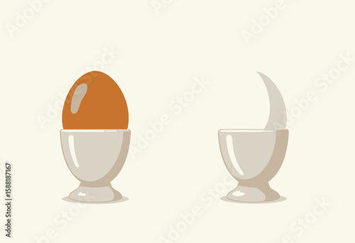 Brown egg in holder next to empty egg cup on neutral background  