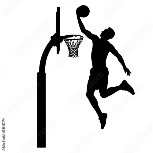 Silhouette of basketball player dunking – sports action, motion freeze