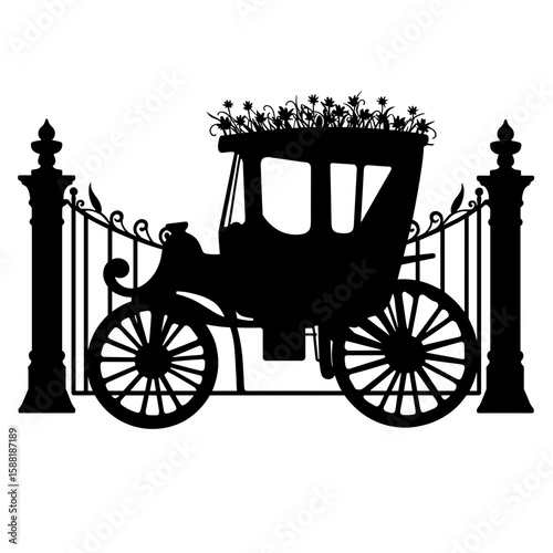 Silhouette of antique carriage by ornate gate – Vintage transport charm, romantic arrival