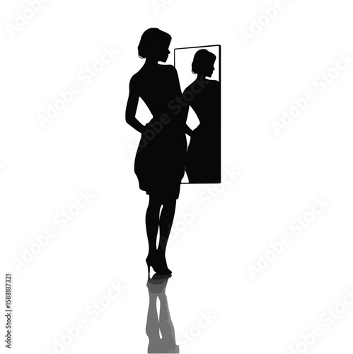 woman silhouette set looking in mirror, Black & White silhouette set