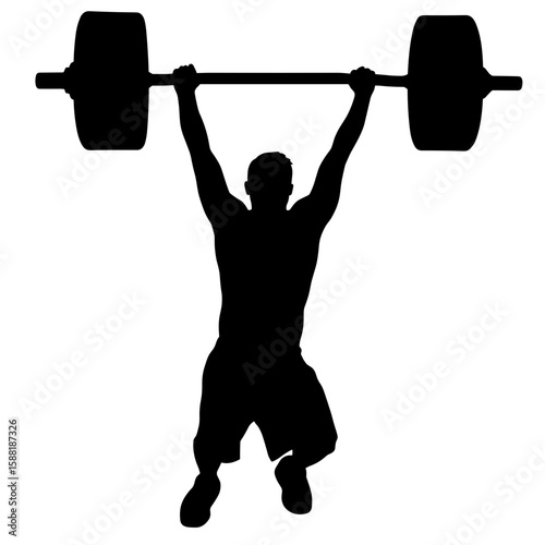 Silhouette of weightlifter locking out bar overhead, strength training