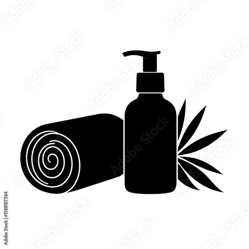 Silhouette of rolled towel and essential oil bottle – Spa self-care ritual